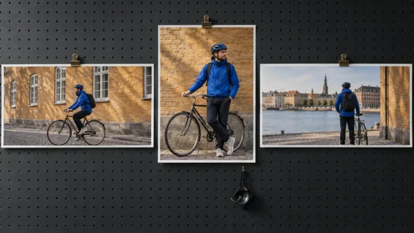 Tre fiktive kampagneprints med samme cyklist bruges til at kontrollere billedkontinuitet og panoramaformat før modelskifte.