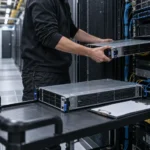 En tekniker flytter en rackserver i et datacenter, mens en anden server står på en vogn foran rackene.