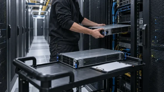 En tekniker flytter en rackserver i et datacenter, mens en anden server står på en vogn foran rackene.