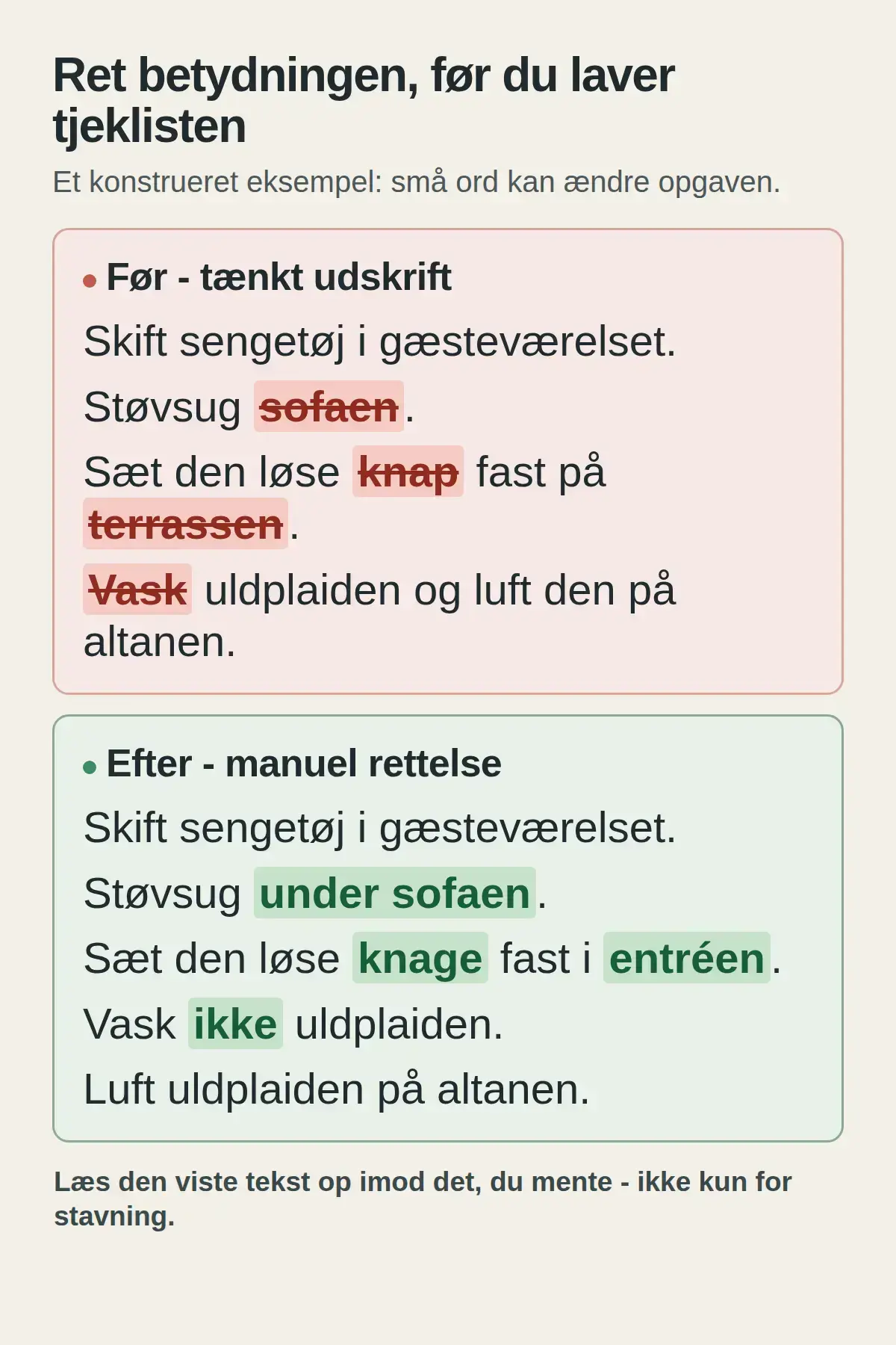 Før og efter viser rettelserne under sofaen, knage, entréen og ikke i en dikteret huskeliste.