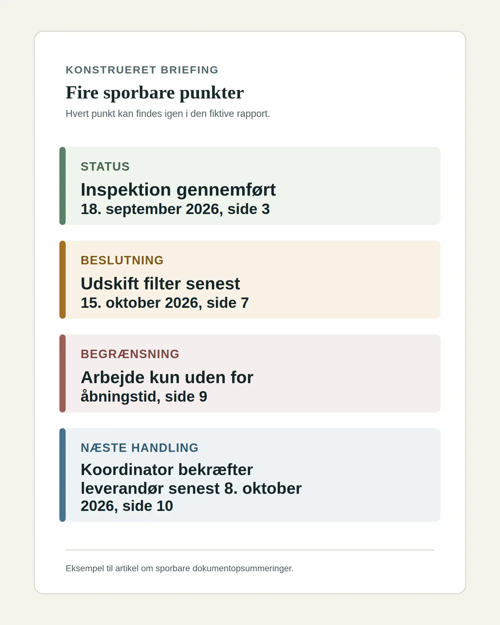 Konstrueret briefing med fire rækker: inspektion gennemført 18. september 2026 på side 3, filterudskiftning senest 15. oktober 2026 på side 7, arbejde uden for åbningstid på side 9 og leverandørbekræftelse senest 8. oktober 2026 på side 10.