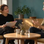 To kolleger øver et interview med en kort guide opdelt i seks emner.