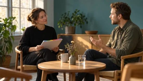 To kolleger øver et interview med en kort guide opdelt i seks emner.