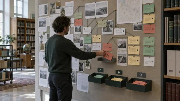 Illustrativ arbejdsflade med kildemateriale, påstandskort og et kort, der flyttes til en bakke for udokumenterede påstande.