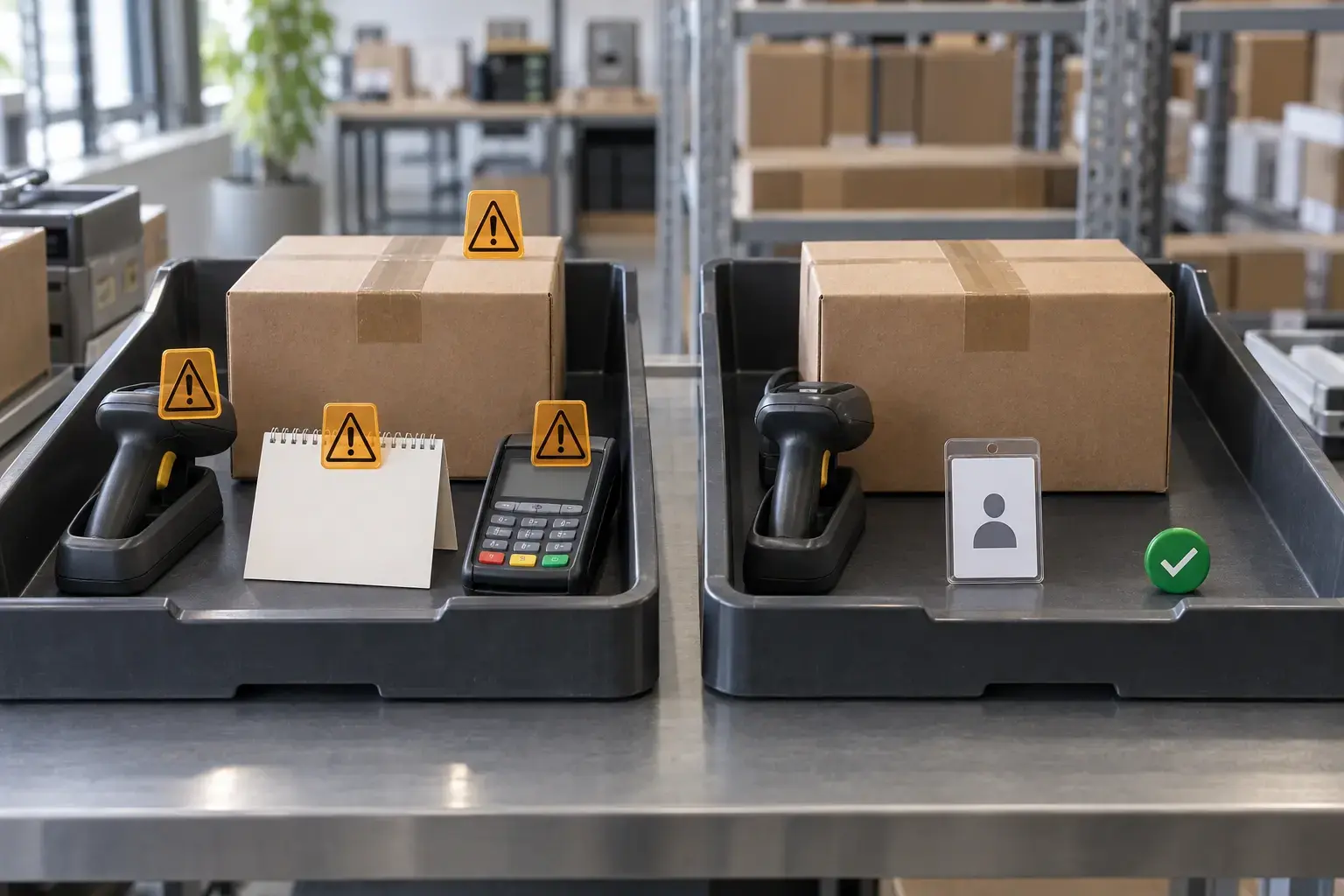 To bakker sammenligner kontrol før svar: Til venstre står kasse, scanner, kalender og betalingsterminal med advarselsmærker. Til højre står kasse og scanner med navneskilt og grønt kontrolmærke.