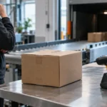 En pakket, ubrandet kasse og en ubrugt stregkodescanner ved en pakkelinje, mens en medarbejder holder pause før afsendelse.