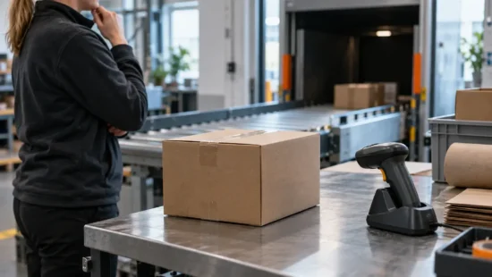 En pakket, ubrandet kasse og en ubrugt stregkodescanner ved en pakkelinje, mens en medarbejder holder pause før afsendelse.
