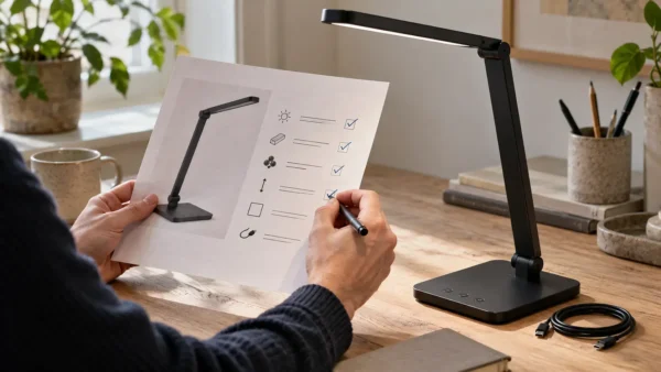 En person holder et ark med afkrydsninger ved siden af en sort skrivebordslampe og et USB-C-kabel på et træbord.