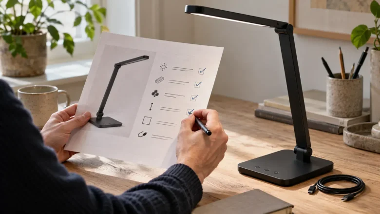 En person holder et ark med afkrydsninger ved siden af en sort skrivebordslampe og et USB-C-kabel på et træbord.