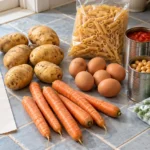 Kartofler, gulerødder, æg, pasta, tomater, kikærter og frosne ærter ved en tjekliste, hvor ærternes mængde er ukendt.