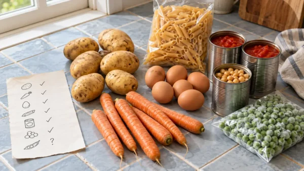 Kartofler, gulerødder, æg, pasta, tomater, kikærter og frosne ærter ved en tjekliste, hvor ærternes mængde er ukendt.