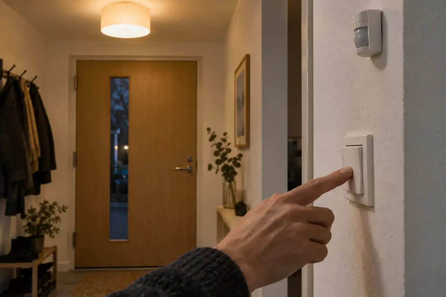 Hånd betjener en almindelig vægkontakt i en entré, mens bevægelsessensoren er synlig.