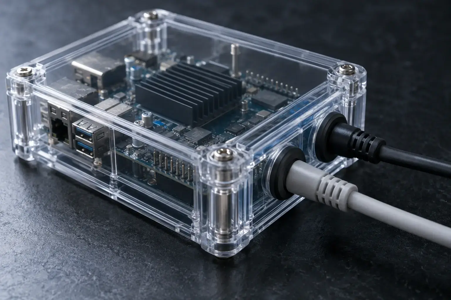 En generisk computerenhed er indkapslet i et gennemsigtigt kabinet med to kabler gennem beskyttede gennemføringer.