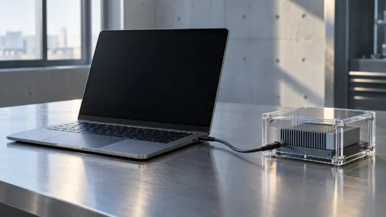 En ubrandet bærbar computer er forbundet med en computerenhed i et gennemsigtigt beskyttelseshus.