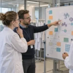 Illustration af et life science-team, der planlægger en teknisk AI-arbejdsgang under et kursusforløb.