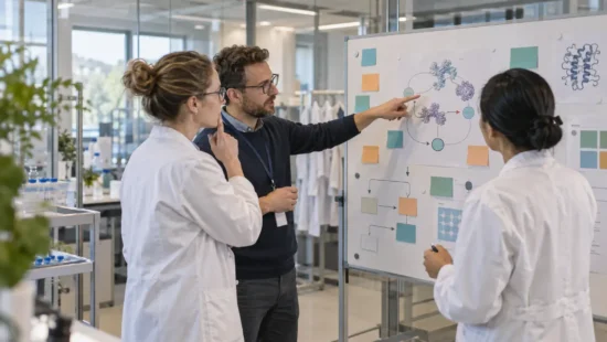 Illustration af et life science-team, der planlægger en teknisk AI-arbejdsgang under et kursusforløb.