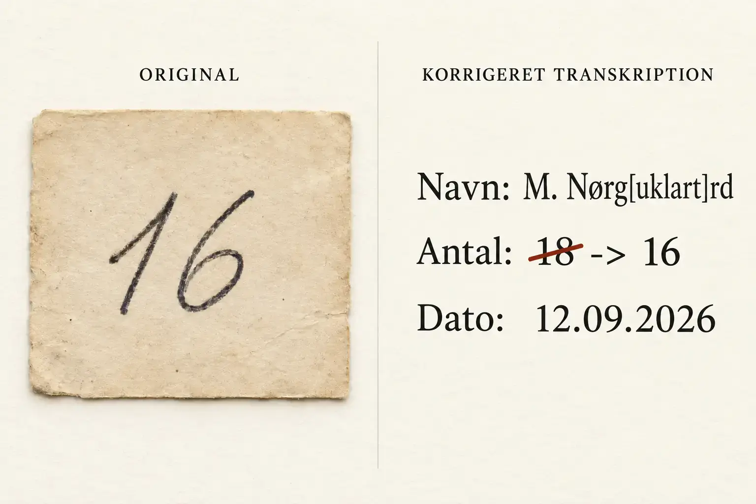 Konstrueret leveringsnote ved siden af en rettet afskrift, hvor 18 er ændret til 16, og et uklart efternavn er markeret.