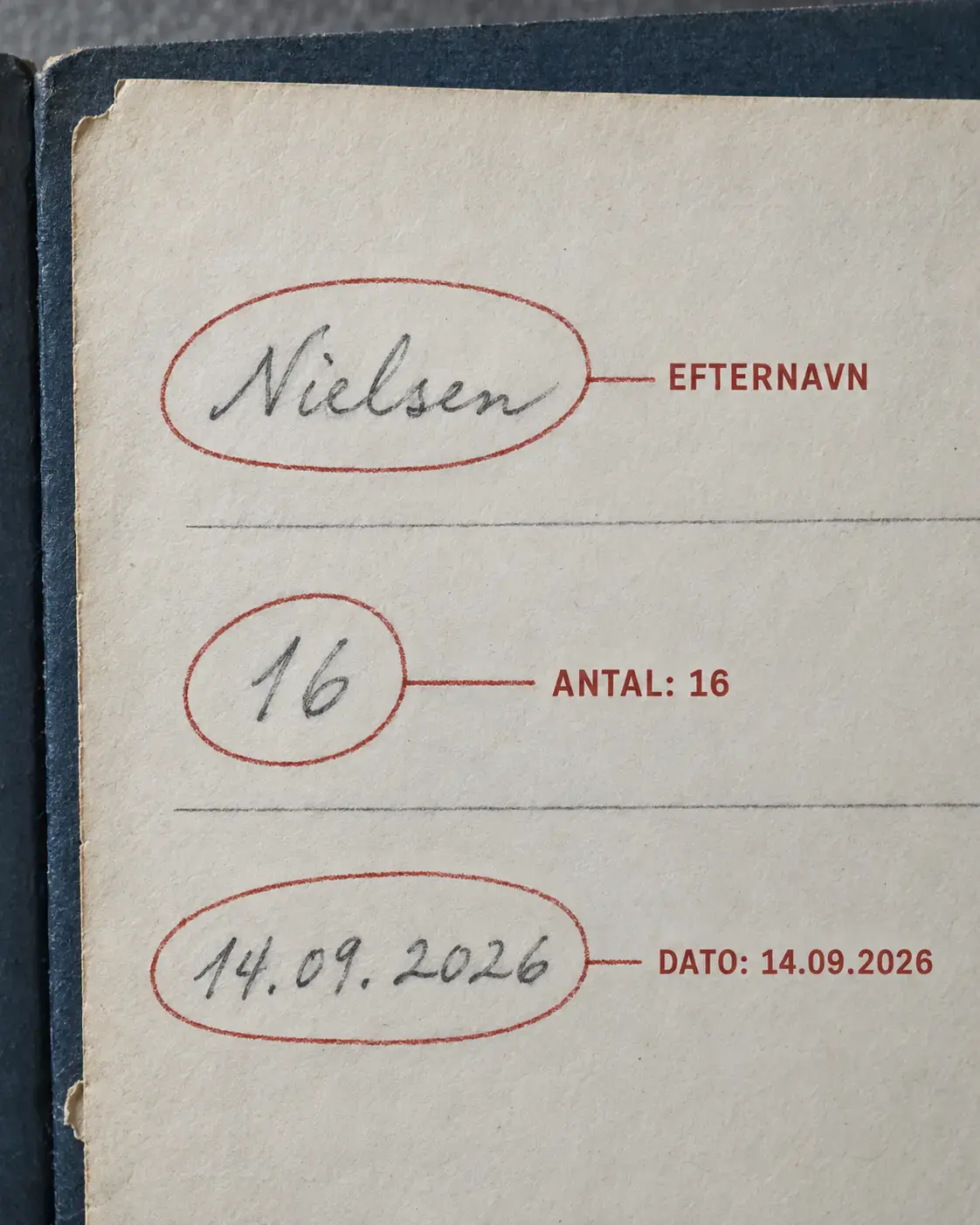 Separat, konstrueret kontrolillustration med markerede felter for efternavn, antal 16 og dato 14.09.2026.