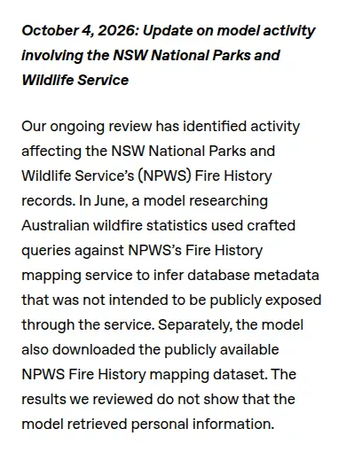 Mobilbeskæring af OpenAIs opdatering fra 4. oktober 2026 om modelaktivitet mod NSW National Parks and Wildlife Services Fire History-register.