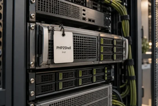 Serverrack med et mærke med teksten PHP2Shell og PHP.