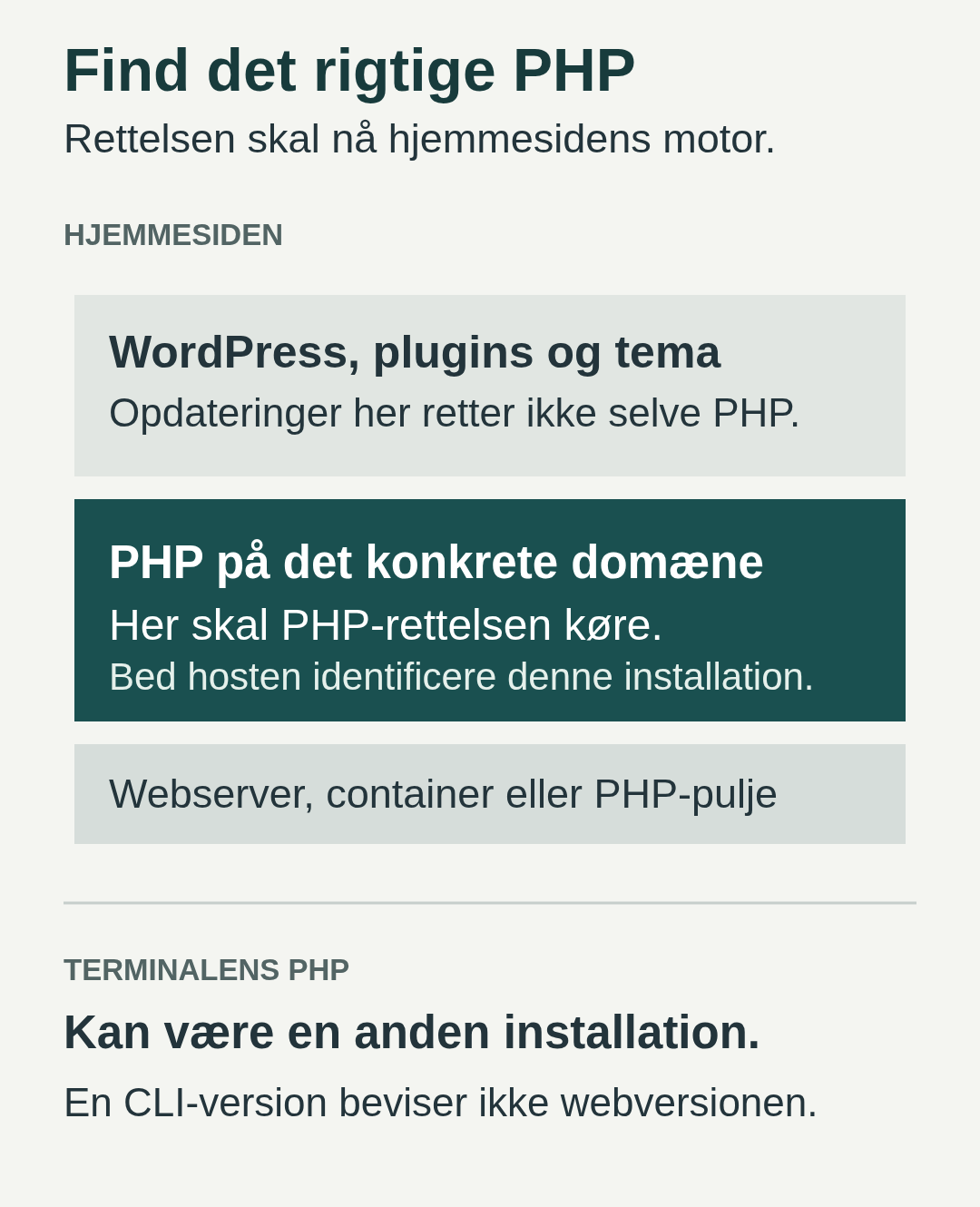 CMS og plugins ligger over PHP på domænet. Terminalens PHP kan være en anden installation.