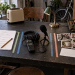 Produktionsbord med separate områder til manus, stemmeoptagelse og fotos med tilladelsesnotat til en kort repair cafe-video.