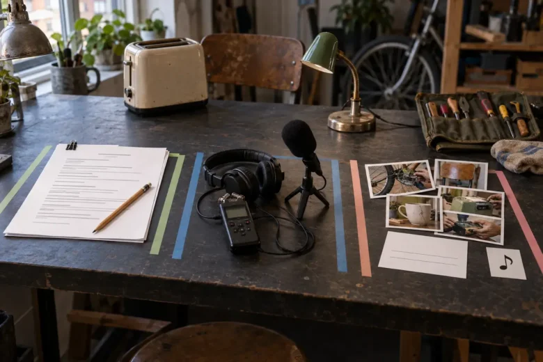 Produktionsbord med separate områder til manus, stemmeoptagelse og fotos med tilladelsesnotat til en kort repair cafe-video.