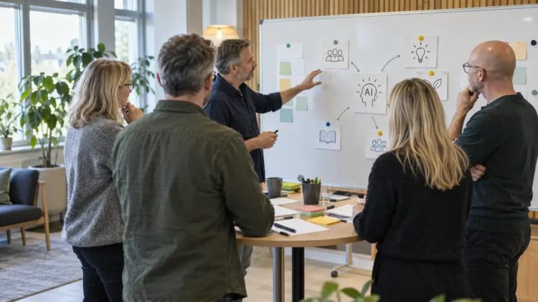 En blandet gruppe voksne undervisere planlægger undervisningsaktiviteter ved en tavle med kort i et lyst workshoplokale.
