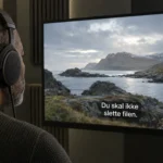 En mand med hovedtelefoner foran en skærm med underteksten "Du skal ikke slette filen."