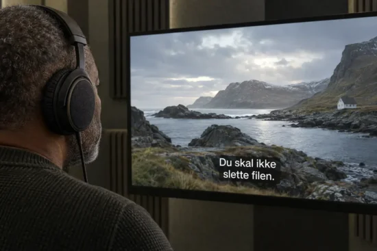 En mand med hovedtelefoner foran en skærm med underteksten "Du skal ikke slette filen."