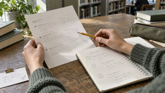 Bedømmelseskriterier sammenholdes med en håndskrevet revisionsplan på tre punkter.