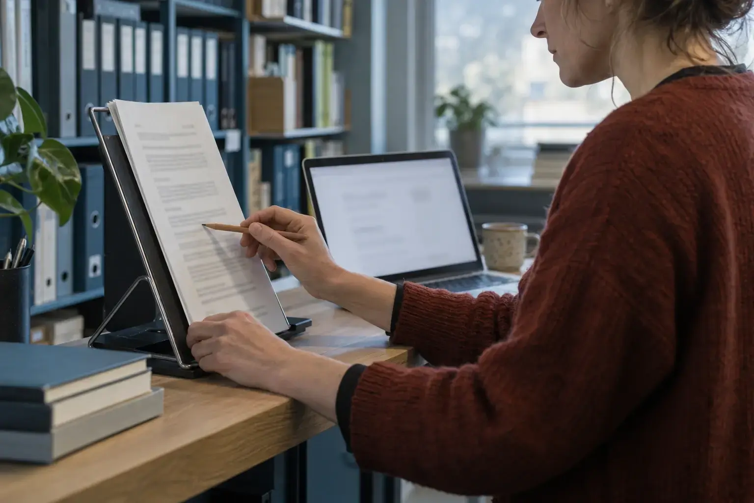 Illustrativ scene med en medarbejder, der sammenholder et kildedokument med en bærbar computer og markerer teksten med en blyant.