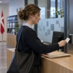 Illustrativ scene med en medarbejder, der bruger et adgangskort ved en intern arbejdsplads i et dansk statsligt kontormiljø.