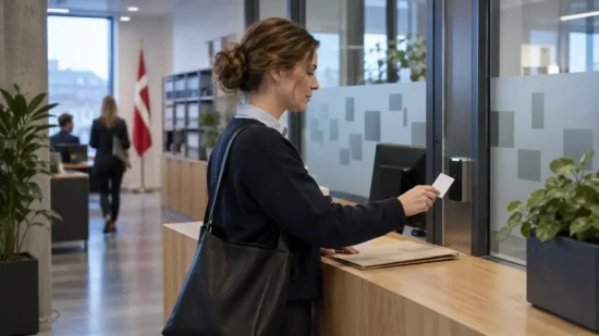Illustrativ scene med en medarbejder, der bruger et adgangskort ved en intern arbejdsplads i et dansk statsligt kontormiljø.