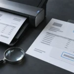 Illustrativ scene med dokumentscanner, anonymt kildeark og gennemsigtig skabelon, der markerer to felter til kontrol.