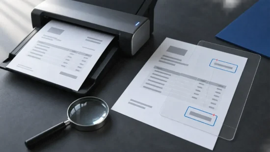 Illustrativ scene med dokumentscanner, anonymt kildeark og gennemsigtig skabelon, der markerer to felter til kontrol.