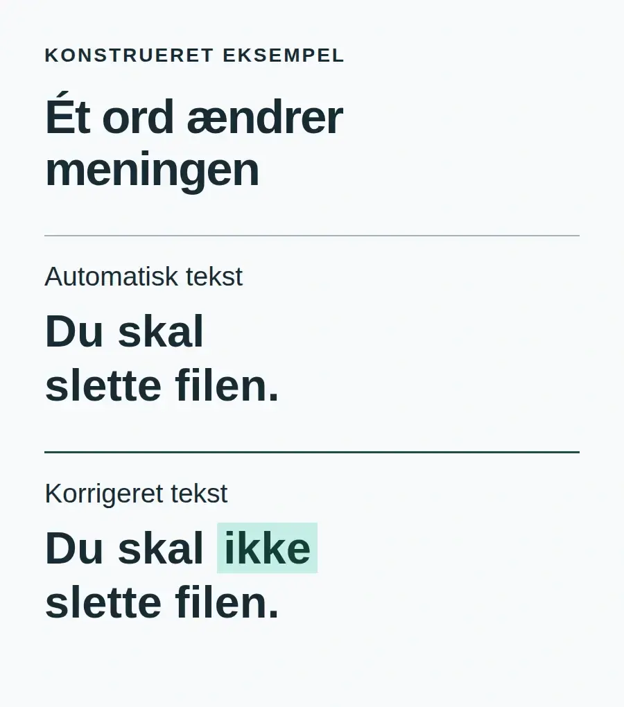 Konstrueret eksempel: "Du skal slette filen." rettes til "Du skal ikke slette filen." Ordet ikke er fremhævet.